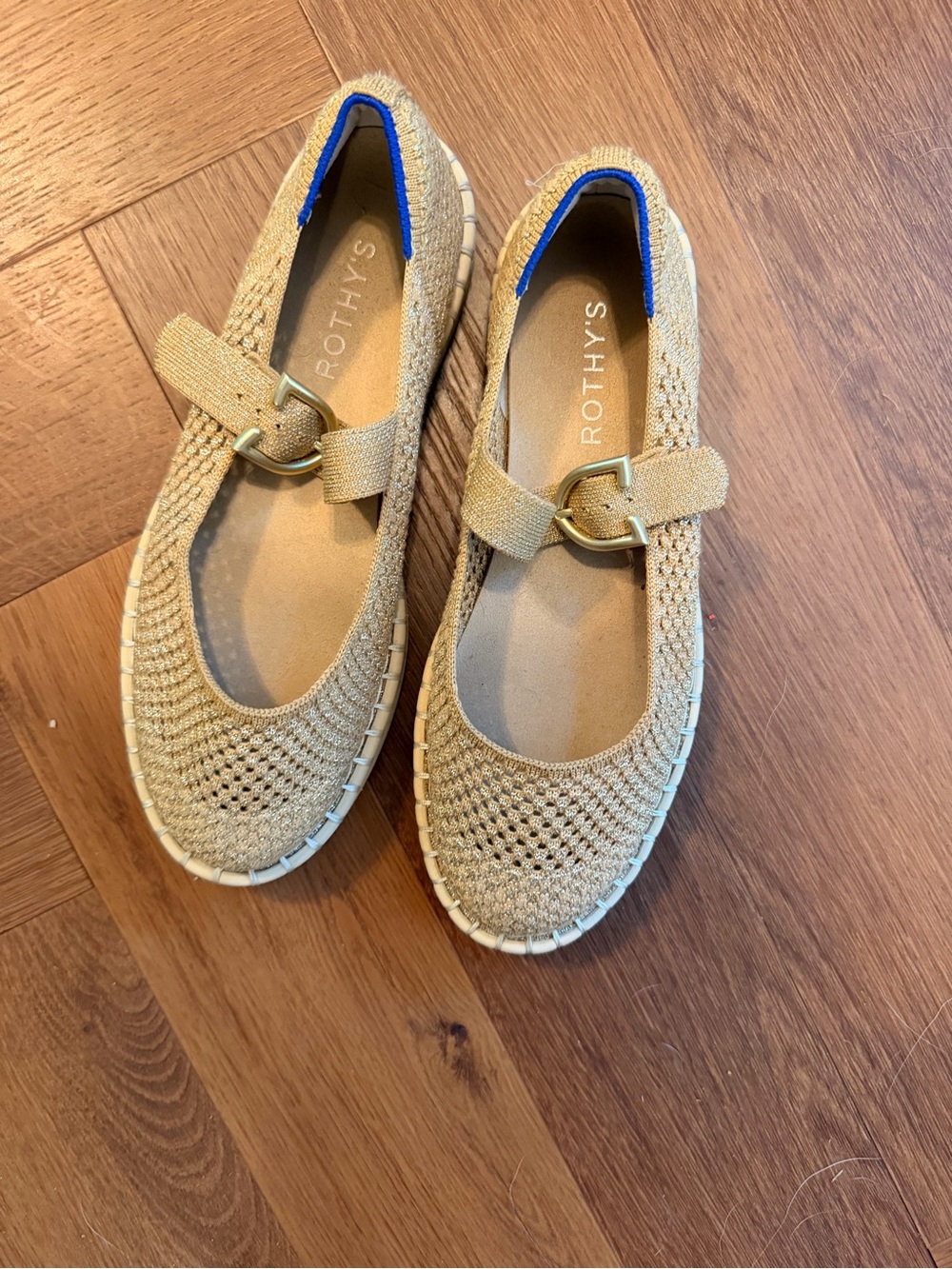 Rothy’s Gold Metallic Espadrille Mary Jane Knit Ballet Flats Buckle Strap